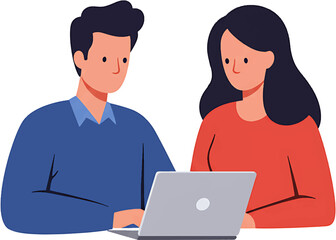 Fototapeta premium Two People Working Together on a Laptop Modern Flat Illustration Style.