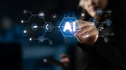 Obraz premium A concept of a comprehensive AI business suite. This integrated platform provides tools for all business needs, including e-commerce, marketing, cloud operations, and data security. Fermion