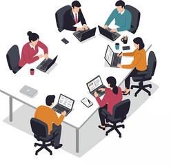 Isometric View of Diverse Team Working Collaboratively at Table.