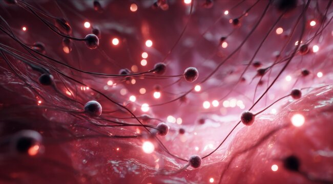 Intricate Details of Cellular Structures Illuminated by Glowing Nerve Endings and Their Interconnected Pathways
