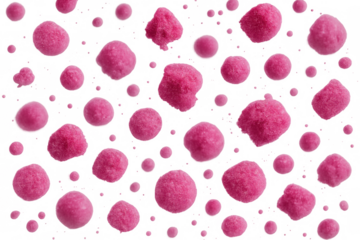 Pink candy squares and spherical sugar sweets falling, forming a sweet abstract seamless pattern on transparent background