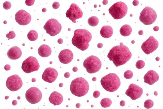 Pink candy squares and spherical sugar sweets falling, forming a sweet abstract seamless pattern on transparent background
