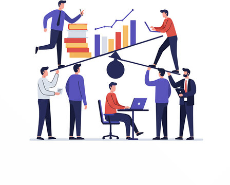 Business Teamwork Illustration: Balancing Act with Books Charts and Laptops.