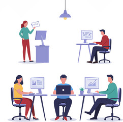 Diverse Office Workers Engaged in Various Tasks Using Computers and Tablets.