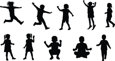 Children silhouettes, kids jumping, running, sitting, squatting, playful poses, childhood activity, body language, motion, fun, energy, dynamic, expressive, group, outdoors, lifestyle, movement