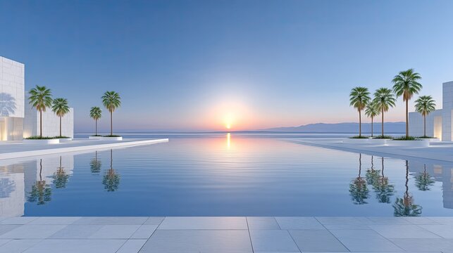 Luxury resort infinity pool reflects golden sunset over calm ocean with palm trees and modern white architecture under clear blue sky at dusk