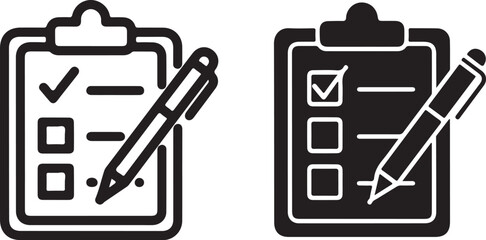 Clipboard with checklist and pen icon set representing task management, survey completion, planning, and assessment vector graphic design element isolated on white background, Vector, illustration