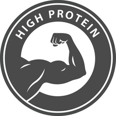 Strong bicep muscle graphic high protein emblem fitness sport health nutrition label badge vector