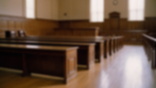 Blurred background of a modern courtroom interior, brightly lit with no people in sight.