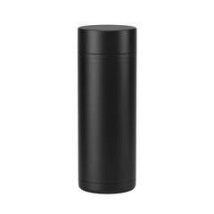 Sleek black cylindrical thermos bottle with matte finish on transparent background