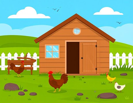 Cartoon illustration Chicken coop and chickens in a field with clouds and blue sky