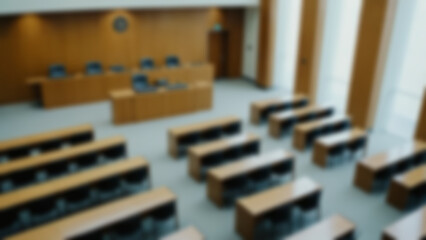 Blurred background of a modern courtroom interior, brightly lit with no people in sight.