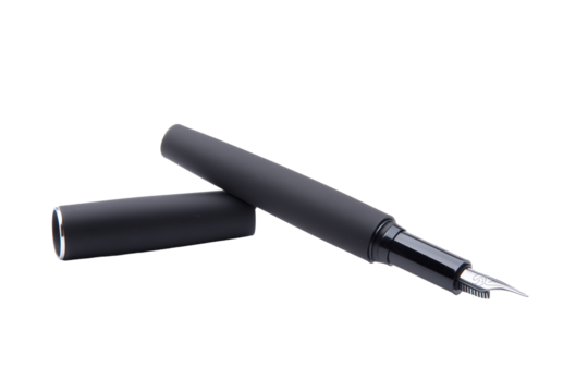 Sleek modern black fountain pen with reflective nib and matching cap on transparent background