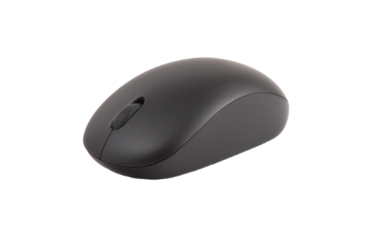 Sleek black wireless computer mouse with ergonomic design and matte finish on transparent background
