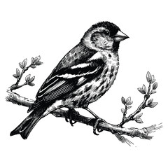 Detailed black and white vector illustration of a songbird perched on a blooming branch

