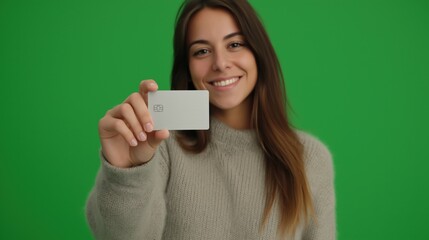 Fototapeta premium A smiling young woman holding up a blank credit card, which is in sharp focus, a versatile template for financial or marketing content, symbolizing easy payments, financial access, or new membership.