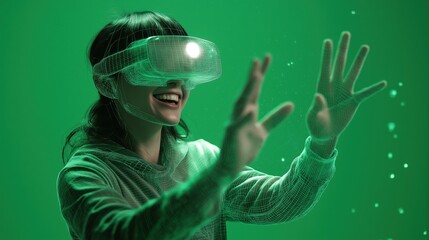 Young girl looks up in awe as bright, glowing particles stream from her hands, symbolizing the joy of creation, immersive interaction, and the magical, sensory experience of the metaverse.	
