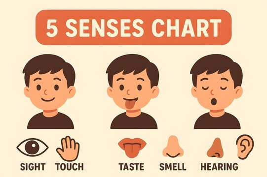 Five senses chart for ECCE Classroom kids sight touch, taste smell and hearing 