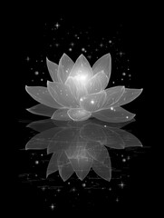 A luminous, ethereal lotus flower blossoms in the darkness while continuously generating a sparkling shower of golden particles, symbolizing purity, spiritual enlightenment, peace, and divine grace.