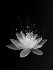 A luminous, ethereal lotus flower blossoms in the darkness while continuously generating a sparkling shower of golden particles, symbolizing purity, spiritual enlightenment, peace, and divine grace.