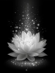 A luminous, ethereal lotus flower blossoms in the darkness while continuously generating a sparkling shower of golden particles, symbolizing purity, spiritual enlightenment, peace, and divine grace.
