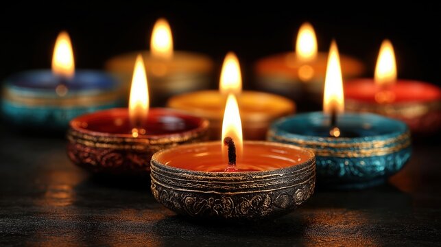 A serene close-up of colorful, glowing diyas oil lamps burning brightly against a dark background, symbolizing light over darkness, hope, celebration, and the spiritual warmth of festivals like Diwali
