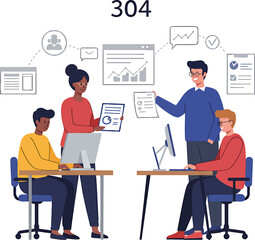 Team of Four People Working at Desks with Computers Discussing Documents.