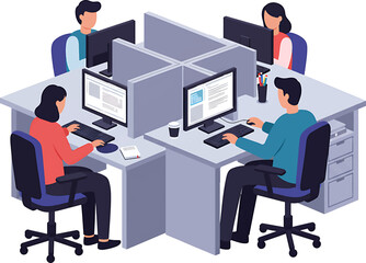 Isometric Office Space with Four People Working at Desks with Computers.