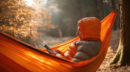 A young woman enjoys a peaceful moment in an orange hammock, engaging with her phone and surrounded by nature