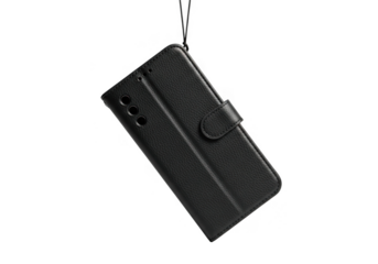 Black leather flip phone case with card slots isolated on transparent background
