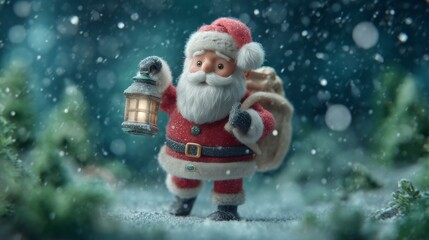 A santa claus figurine holding a lantern in a snowy forest with a sack of gifts on his back