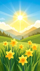 Fototapeta premium Cartoon illustration yellow daffodils bloom under a bright sun in a green meadow
