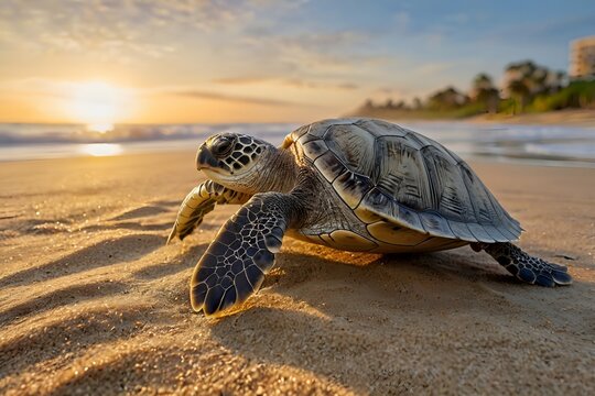 Kemp&rsquo;s ridley sea turtle hatchling crawling on sandy beach at sunrise, wildlife nature photo
