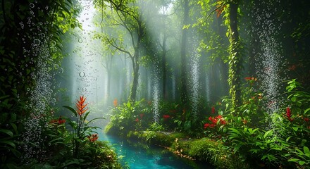 Obraz premium Misty forest landscape with lush greenery and vibrant flowers surrounding a serene water stream