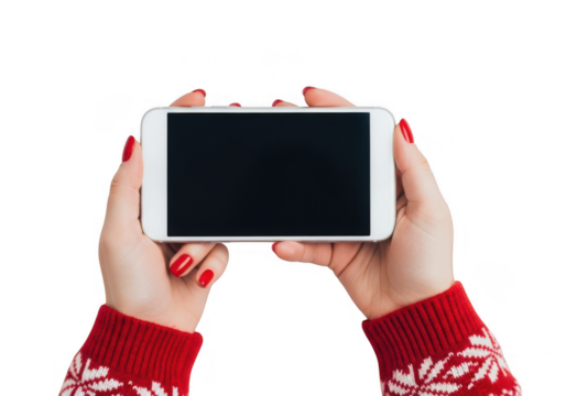 Woman holding mobile phone with blank screen, female hand showing smartphone with empty display for mockup