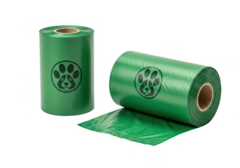 Two rolls of green dog poop bags with paw print isolated on transparent background