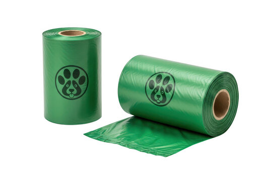 Two rolls of green dog poop bags with paw print isolated on transparent background