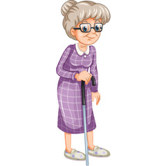 Elderly Woman With Glasses And Cane Standing And Holding A Walking Stick She Is Wearing A Purple Plaid Dress And White Shoes With A White Collar And Buttoned Front And She Has Gray Hair In A Bun