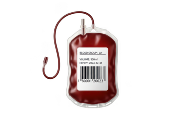 Medical blood bag filled with red liquid isolated on transparent background