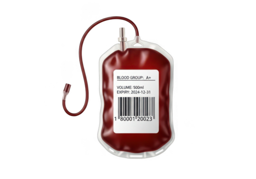 Medical blood bag filled with red liquid isolated on transparent background