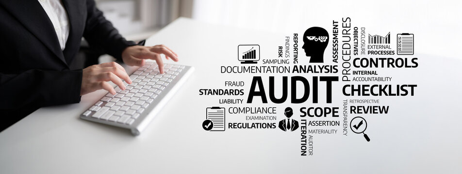 A professional setting showcasing the audit process with hands typing on a keyboard, emphasizing analysis, controls, and compliance via an informative checklist. Tessel
