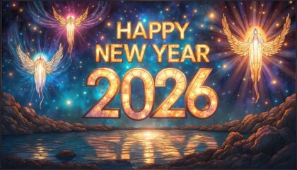 Angelic New Year 2026 Cosmic Celebration with Starlight Lake image photo