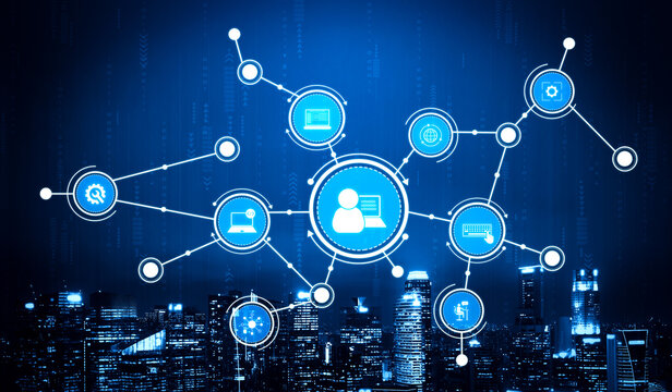 This image illustrates a modern digital connectivity concept with blue nodes and a city skyline, representing networking and technological interaction in today world. Tessel - Powered by Adobe