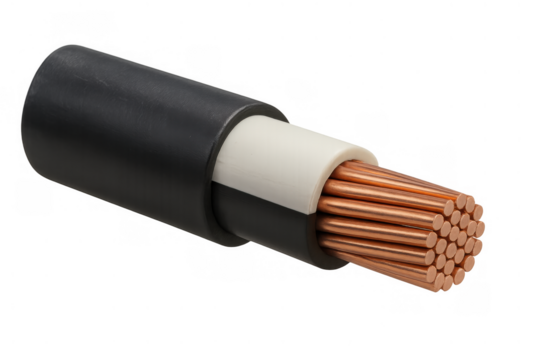 Copper wire cable with black outer insulation and white inner layer for electrical power transmission on transparent background