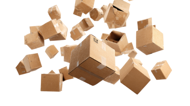 Closed and taped cardboard parcel boxes falling high realistic on transparent background