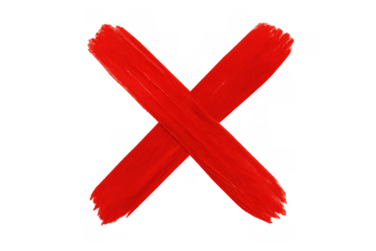 Red x mark paint stroke representing wrong, cancel, deny, prohibition, rejection, failure, mistake, and removal on transparent background