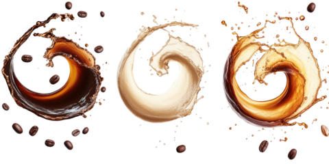 Dark and light coffee swirl with three dynamic splashes on transparent background