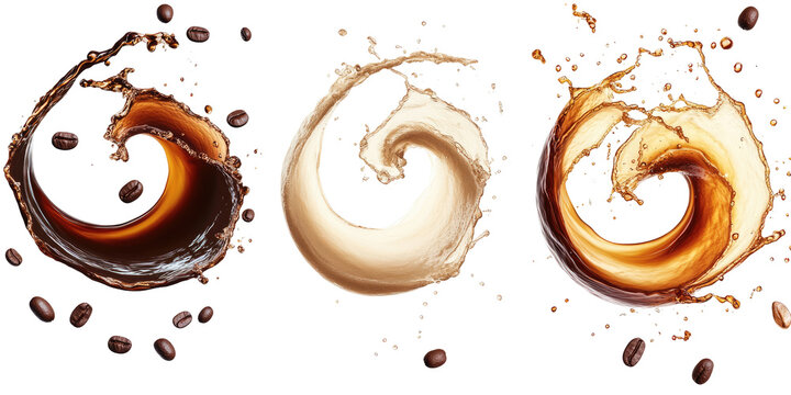 Dark and light coffee swirl with three dynamic splashes on transparent background