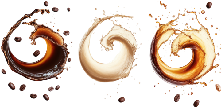 Dark and light coffee swirl with three dynamic splashes on transparent background