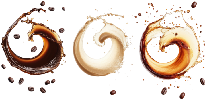 Dark and light coffee swirl with three dynamic splashes on transparent background